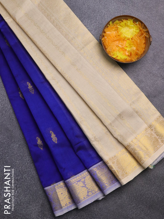 Silk cotton saree blue and cream with zari woven buttas and annam zari woven border