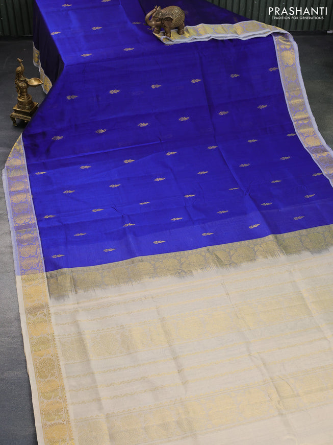 Silk cotton saree blue and cream with zari woven buttas and annam zari woven border