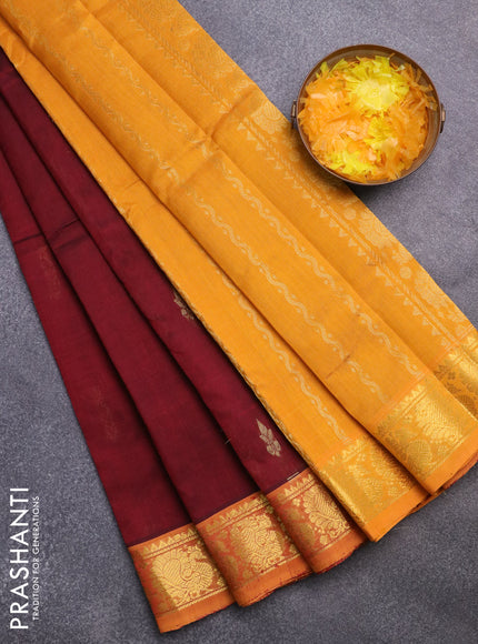 Silk cotton saree maroon and mango yellow with zari woven buttas and annam zari woven border