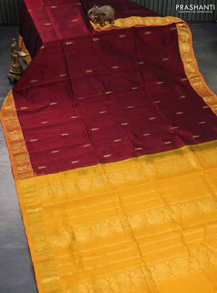 Silk cotton saree maroon and mango yellow with zari woven buttas and annam zari woven border