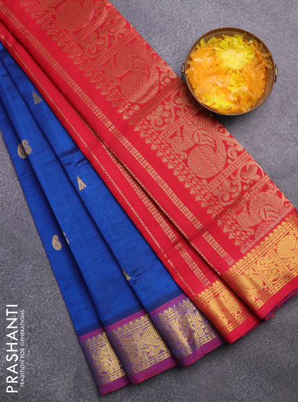 Silk cotton saree navy blue and red with zari woven buttas and rich zari woven border