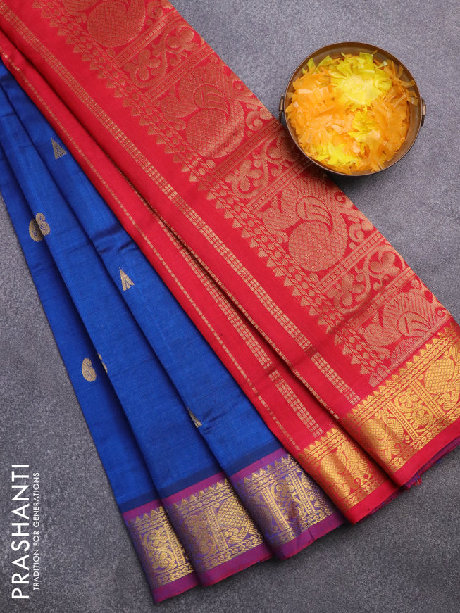 Silk cotton saree navy blue and red with zari woven buttas and rich zari woven border