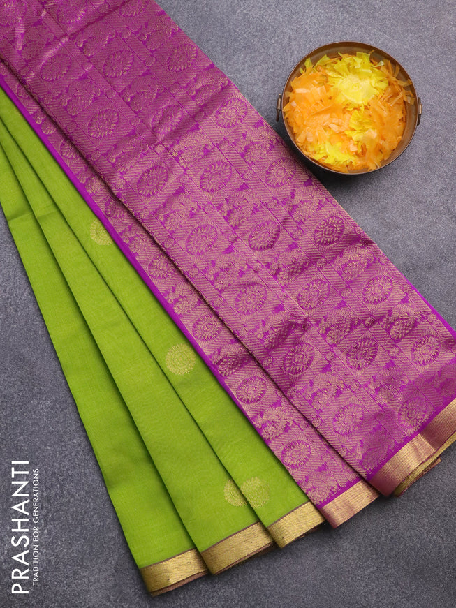 Silk cotton saree light green and purple with annam & rudhraksha zari woven buttas and zari woven border