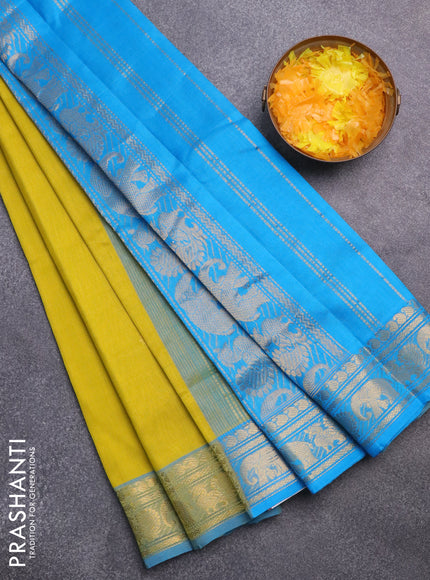 Silk cotton saree lime yellow and cs blue with zari woven buttas and annam & elephant zari woven border