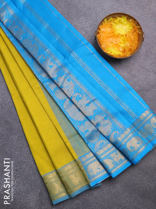 Silk cotton saree lime yellow and cs blue with zari woven buttas and annam & elephant zari woven border