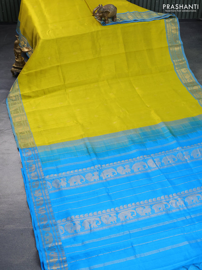 Silk cotton saree lime yellow and cs blue with zari woven buttas and annam & elephant zari woven border