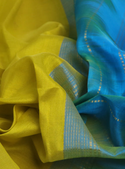 Silk cotton saree lime yellow and cs blue with zari woven buttas and annam & elephant zari woven border