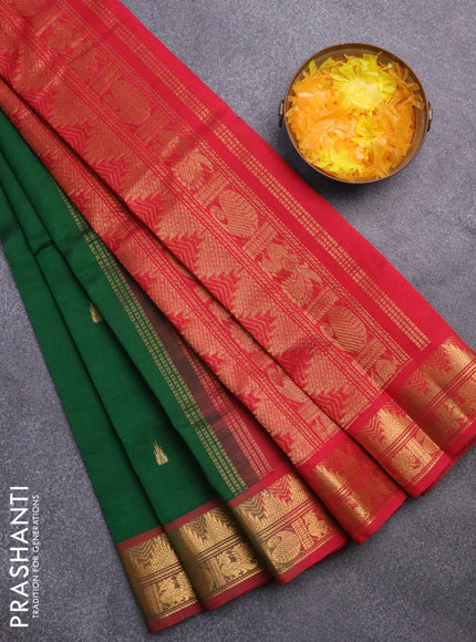 Silk cotton saree green and red with zari woven temple buttas and rich zari woven border