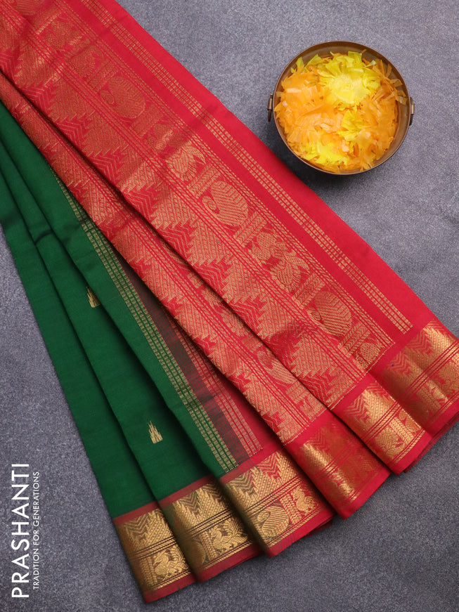 Silk cotton saree green and red with zari woven temple buttas and rich zari woven border