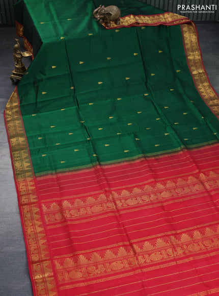 Silk cotton saree green and red with zari woven temple buttas and rich zari woven border