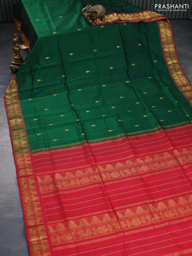 Silk cotton saree green and red with zari woven temple buttas and rich zari woven border