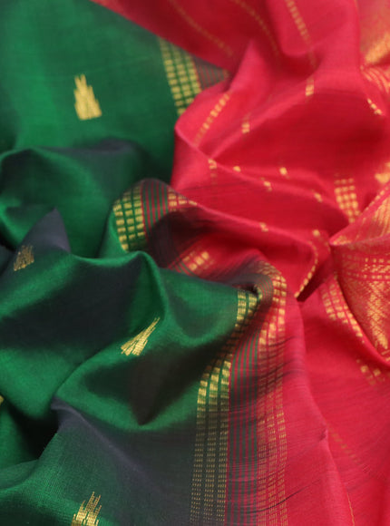 Silk cotton saree green and red with zari woven temple buttas and rich zari woven border