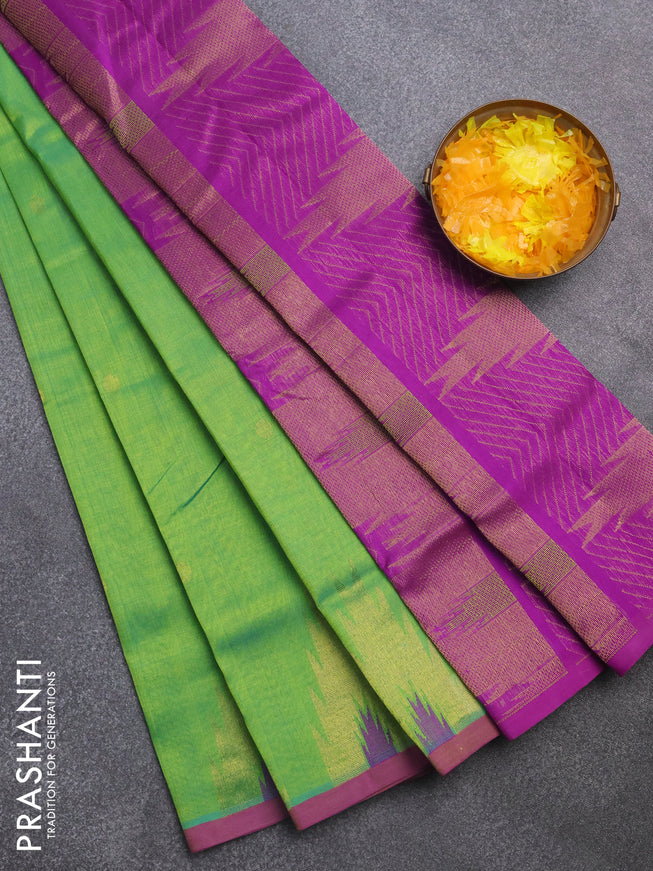 Silk cotton saree light green and purple with zari woven buttas and zari woven temple design border