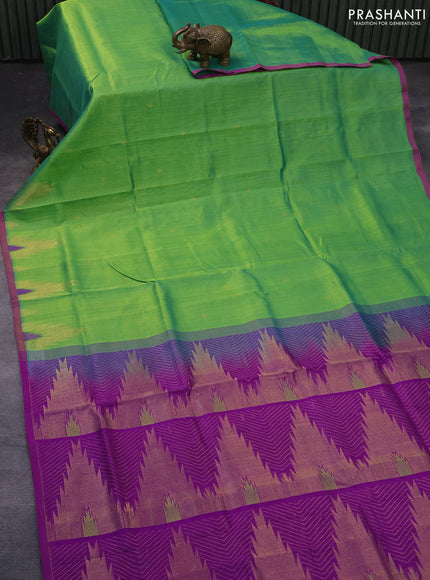 Silk cotton saree light green and purple with zari woven buttas and zari woven temple design border