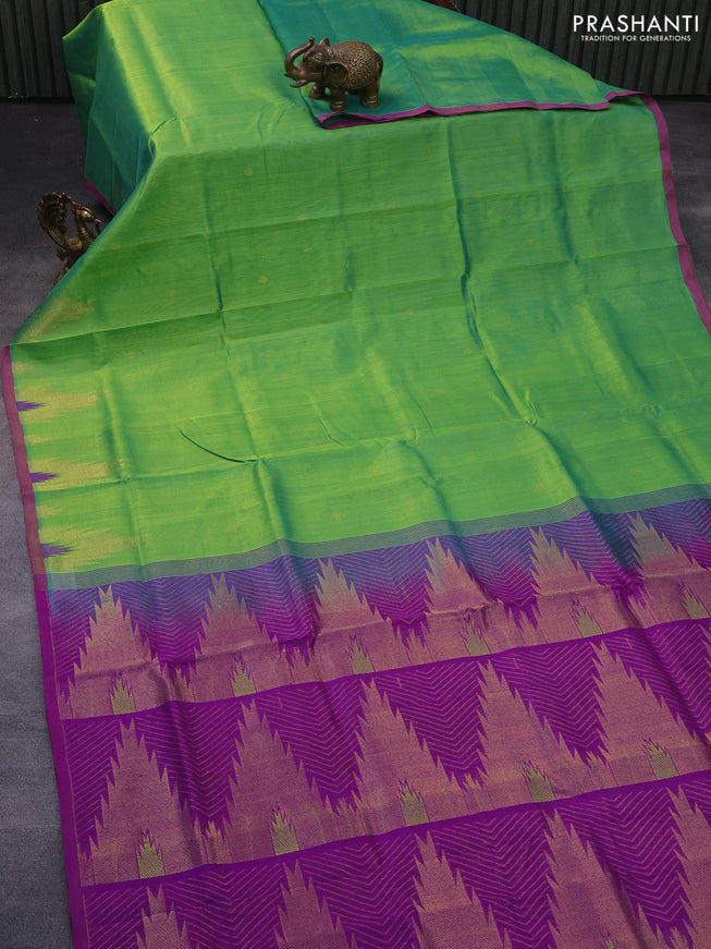 Silk cotton saree light green and purple with zari woven buttas and zari woven temple design border