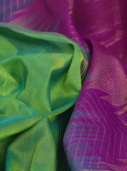 Silk cotton saree light green and purple with zari woven buttas and zari woven temple design border