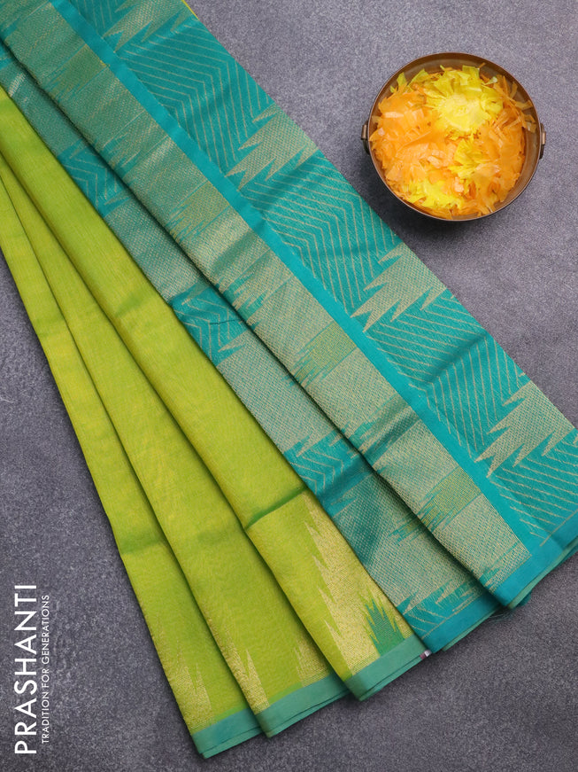 Silk cotton saree light green and teal green with zari woven buttas and zari woven temple design border