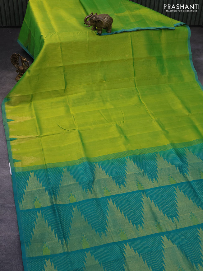 Silk cotton saree light green and teal green with zari woven buttas and zari woven temple design border