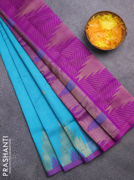 Silk cotton saree teal blue and purple with zari woven buttas and zari woven temple design border