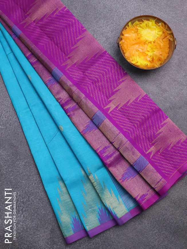 Silk cotton saree teal blue and purple with zari woven buttas and zari woven temple design border