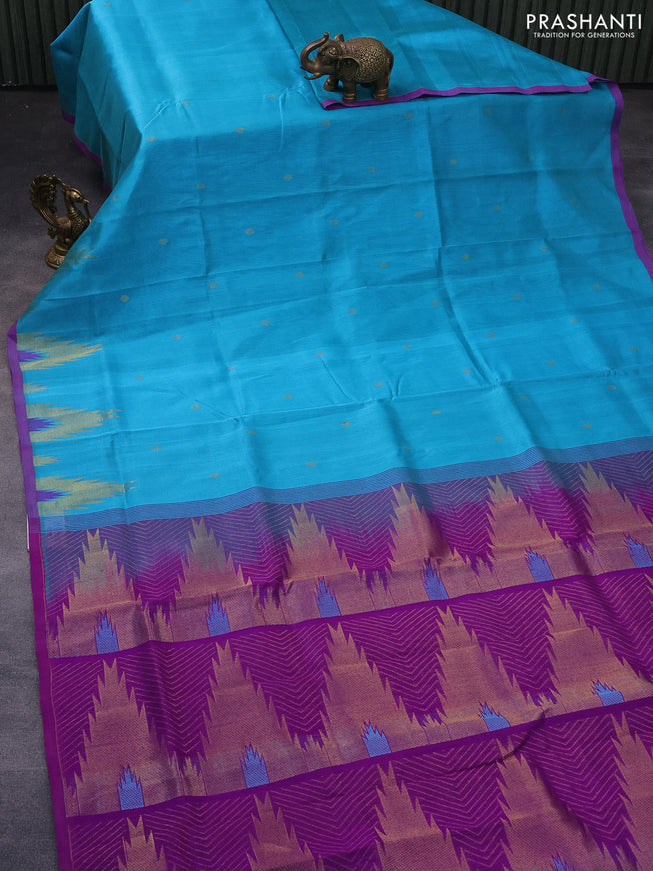 Silk cotton saree teal blue and purple with zari woven buttas and zari woven temple design border