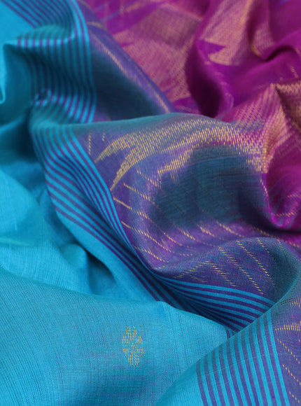 Silk cotton saree teal blue and purple with zari woven buttas and zari woven temple design border