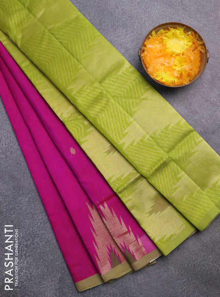 Silk cotton saree magenat pink and mehendi green with zari woven buttas and zari woven temple design border