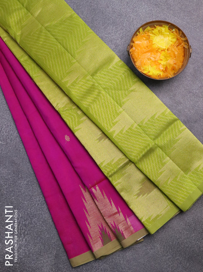 Silk cotton saree magenat pink and mehendi green with zari woven buttas and zari woven temple design border