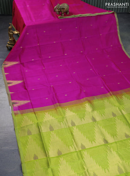 Silk cotton saree magenat pink and mehendi green with zari woven buttas and zari woven temple design border