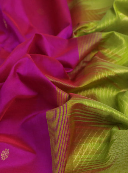 Silk cotton saree magenat pink and mehendi green with zari woven buttas and zari woven temple design border