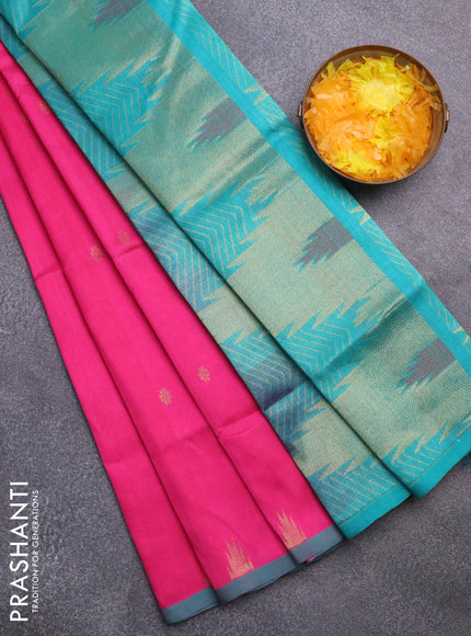 Silk cotton saree pink and teal green with zari woven buttas and zari woven temple design border