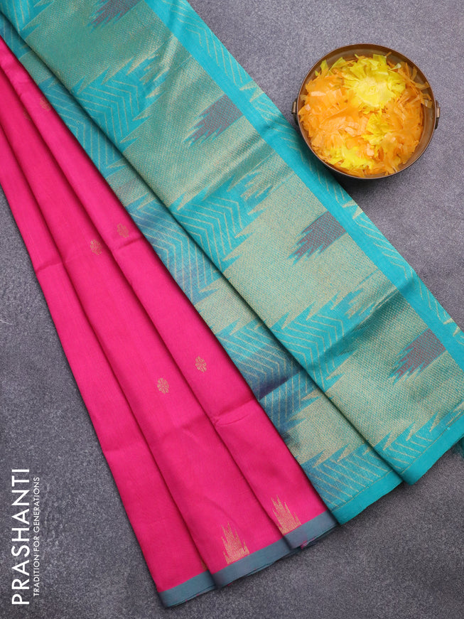 Silk cotton saree pink and teal green with zari woven buttas and zari woven temple design border