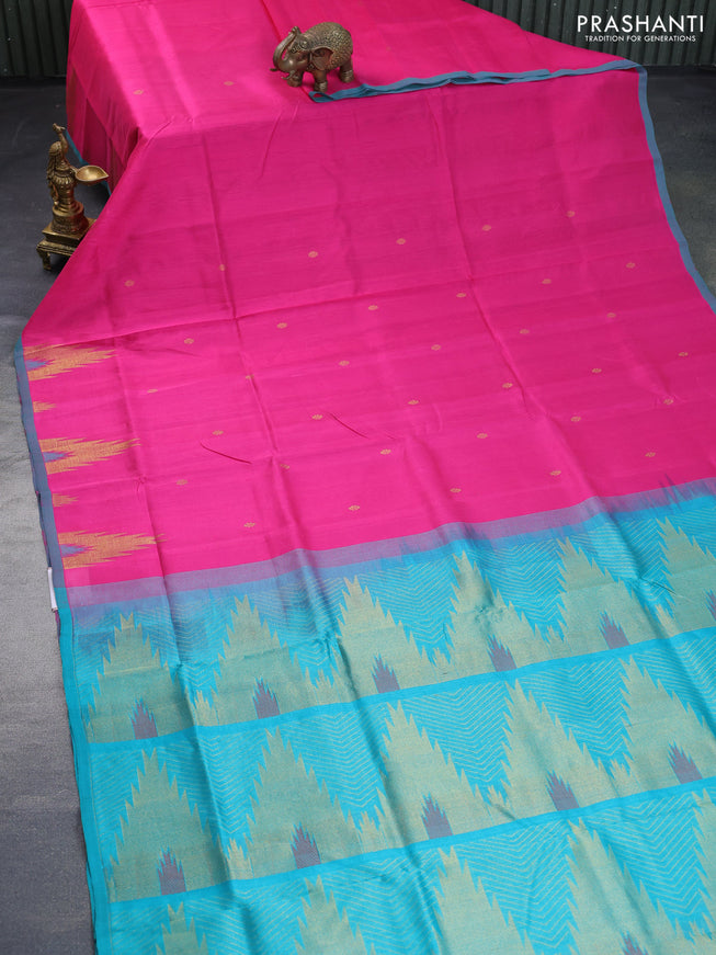 Silk cotton saree pink and teal green with zari woven buttas and zari woven temple design border