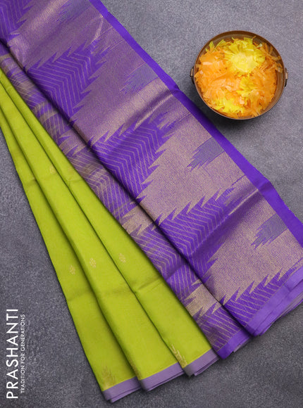 Silk cotton saree lime green and lavender with zari woven buttas and zari woven temple design border