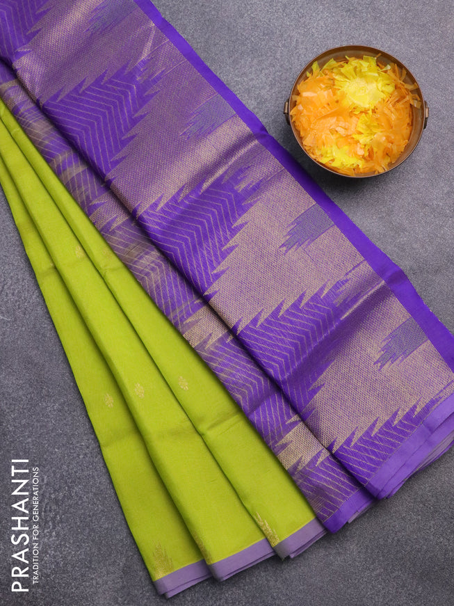 Silk cotton saree lime green and lavender with zari woven buttas and zari woven temple design border