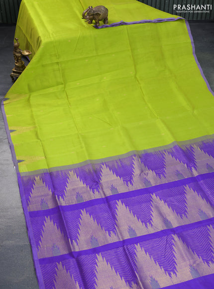 Silk cotton saree lime green and lavender with zari woven buttas and zari woven temple design border