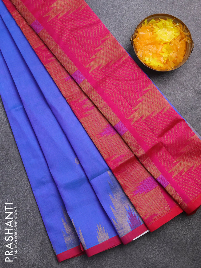 Silk cotton saree dual shade of blue and pink with zari woven buttas and zari woven temple design border