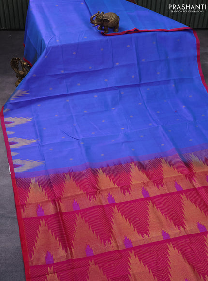 Silk cotton saree dual shade of blue and pink with zari woven buttas and zari woven temple design border