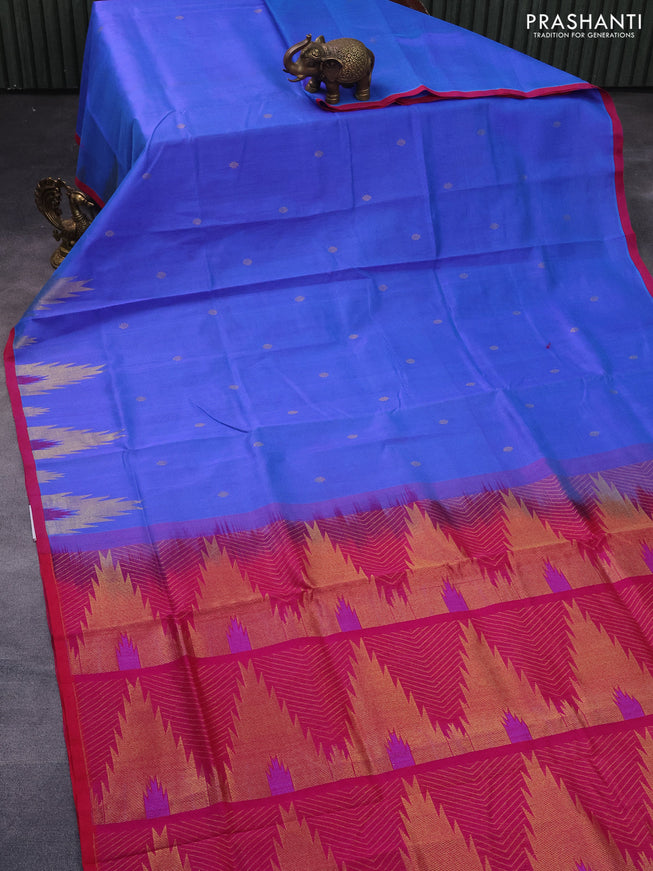 Silk cotton saree dual shade of blue and pink with zari woven buttas and zari woven temple design border