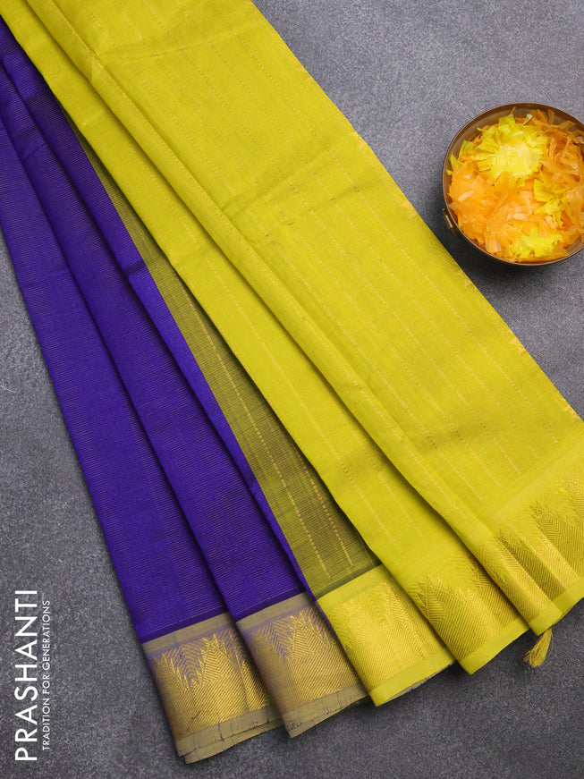 Silk cotton saree blue and lime yellow with allover vairaosi pattern and temple zari woven border