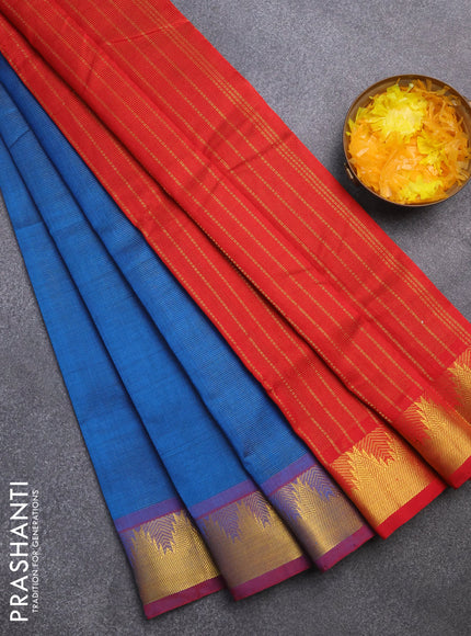 Silk cotton saree peacock blue and red with allover vairaosi pattern and temple zari woven border