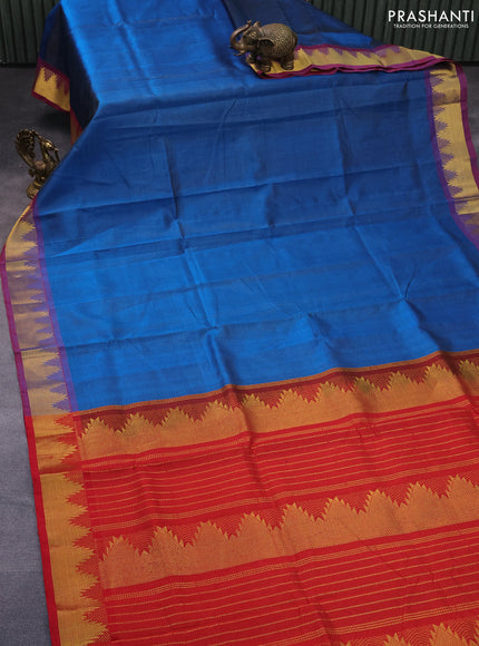 Silk cotton saree peacock blue and red with allover vairaosi pattern and temple zari woven border