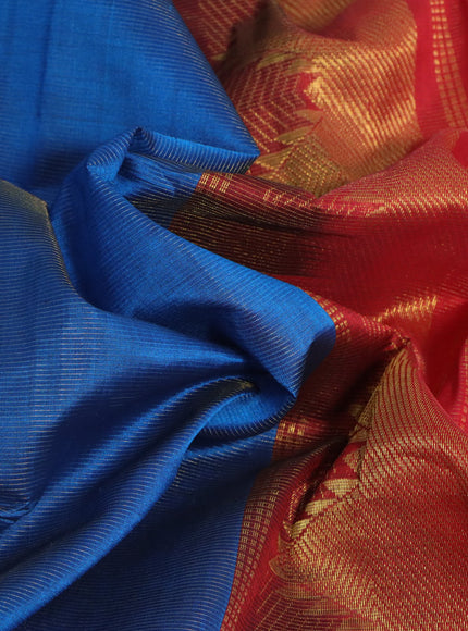 Silk cotton saree peacock blue and red with allover vairaosi pattern and temple zari woven border