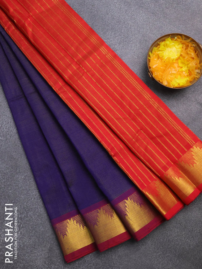 Silk cotton saree blue and maroon with allover vairaosi pattern and temple zari woven border