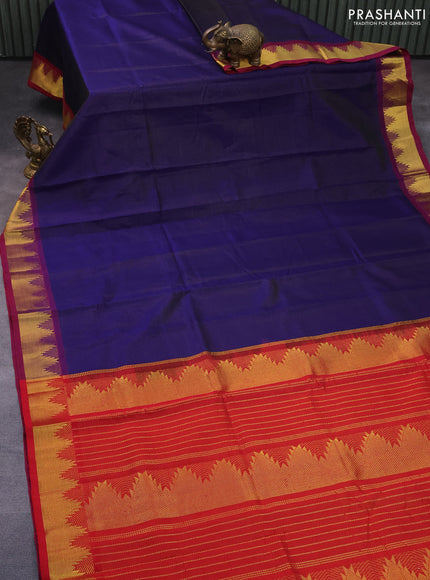 Silk cotton saree blue and maroon with allover vairaosi pattern and temple zari woven border