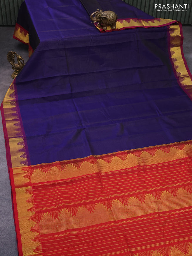 Silk cotton saree blue and maroon with allover vairaosi pattern and temple zari woven border