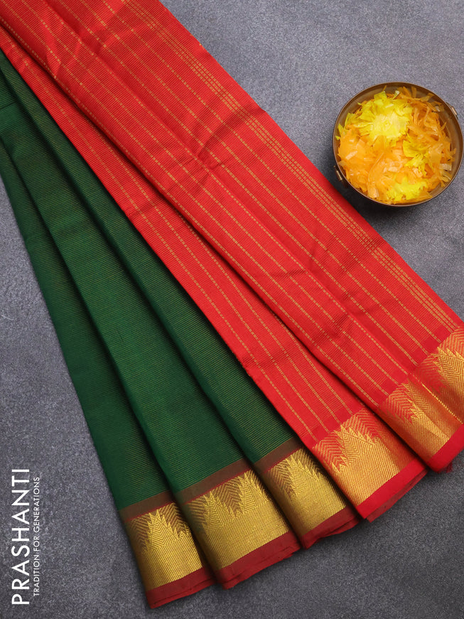 Silk cotton saree green and maroon with allover vairaosi pattern and temple zari woven border