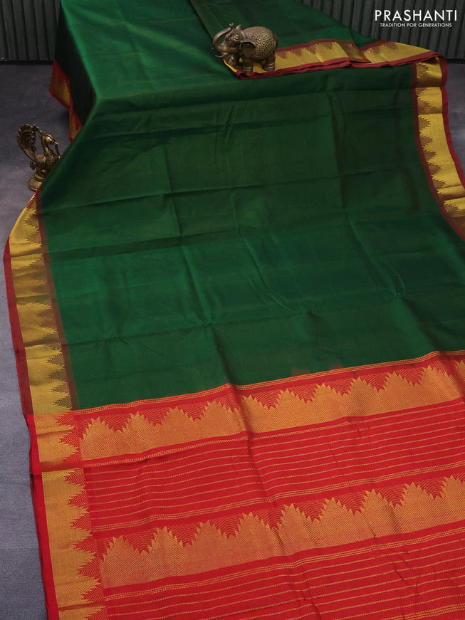 Silk cotton saree green and maroon with allover vairaosi pattern and temple zari woven border