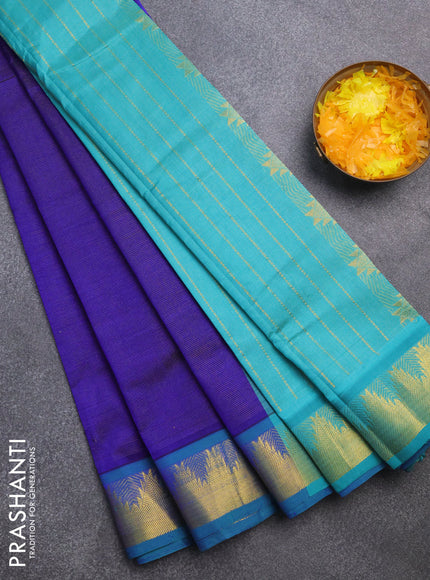 Silk cotton saree blue and teal blue with allover vairaosi pattern and temple zari woven border