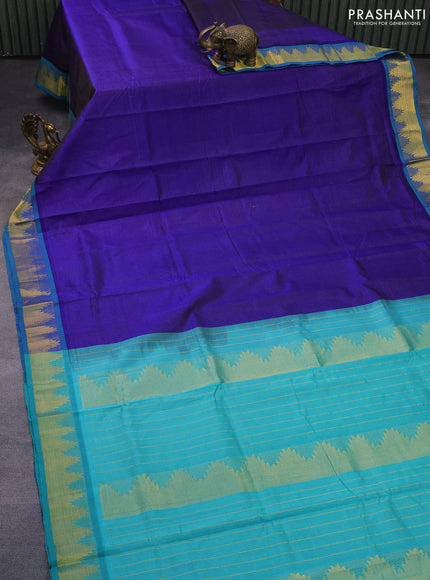 Silk cotton saree blue and teal blue with allover vairaosi pattern and temple zari woven border